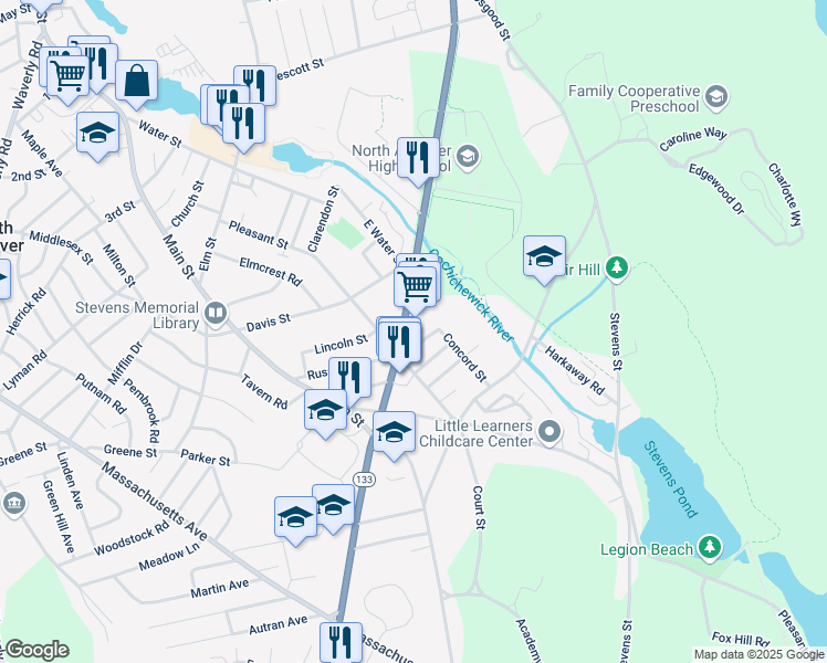 map of restaurants, bars, coffee shops, grocery stores, and more near 30 Bunkerhill Street in North Andover