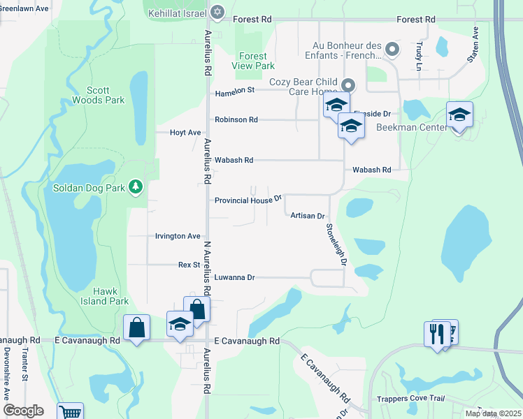 map of restaurants, bars, coffee shops, grocery stores, and more near 3510 Callihan Court in Lansing