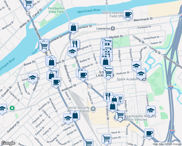 map of restaurants, bars, coffee shops, grocery stores, and more near 95 Farnham Street in Lawrence