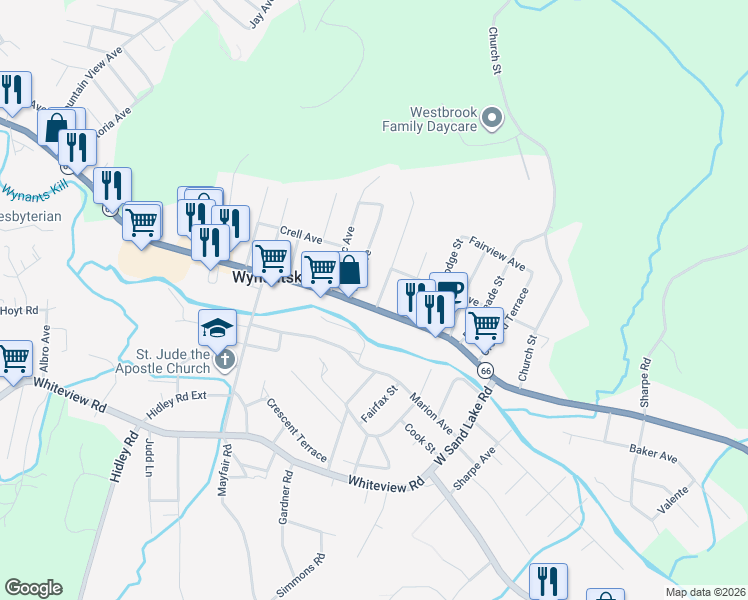 map of restaurants, bars, coffee shops, grocery stores, and more near 2 Douglas Street in Wynantskill