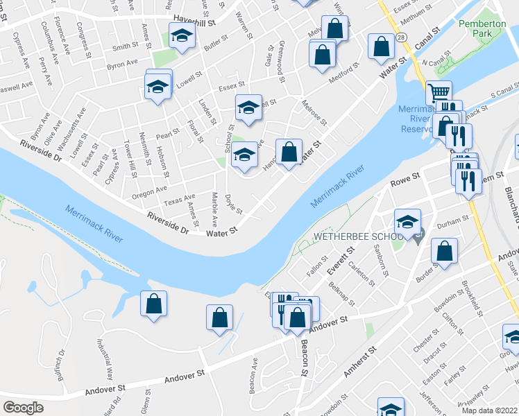 map of restaurants, bars, coffee shops, grocery stores, and more near 335 Water Street in Lawrence