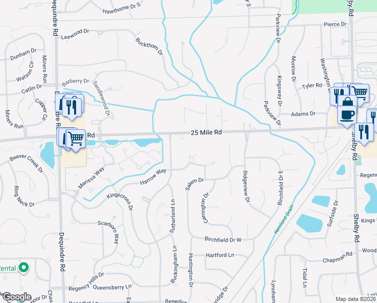 map of restaurants, bars, coffee shops, grocery stores, and more near 3085 Harrow Way in Macomb County