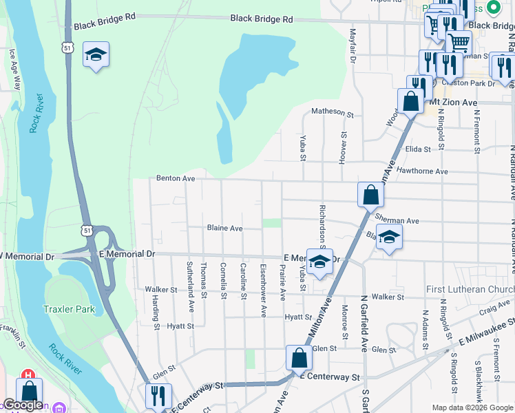 map of restaurants, bars, coffee shops, grocery stores, and more near 931 Eisenhower Avenue in Janesville