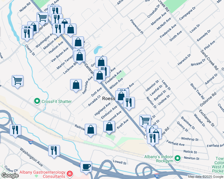 map of restaurants, bars, coffee shops, grocery stores, and more near 1225 Central Avenue in Albany