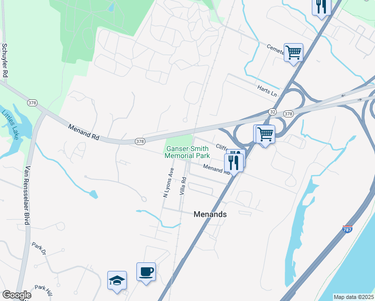 map of restaurants, bars, coffee shops, grocery stores, and more near 53 Menands Road in Menands
