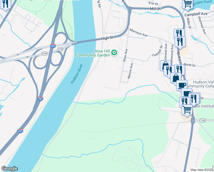 map of restaurants, bars, coffee shops, grocery stores, and more near 28 Maxwell Drive in Troy