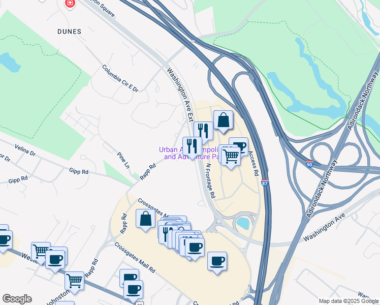 map of restaurants, bars, coffee shops, grocery stores, and more near Springsteen Road in Albany