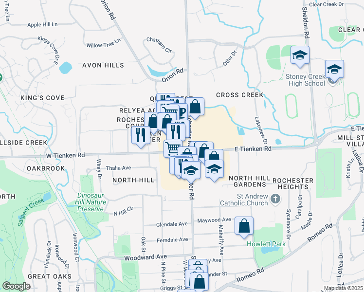 map of restaurants, bars, coffee shops, grocery stores, and more near 6980 North Rochester Road in Rochester Hills