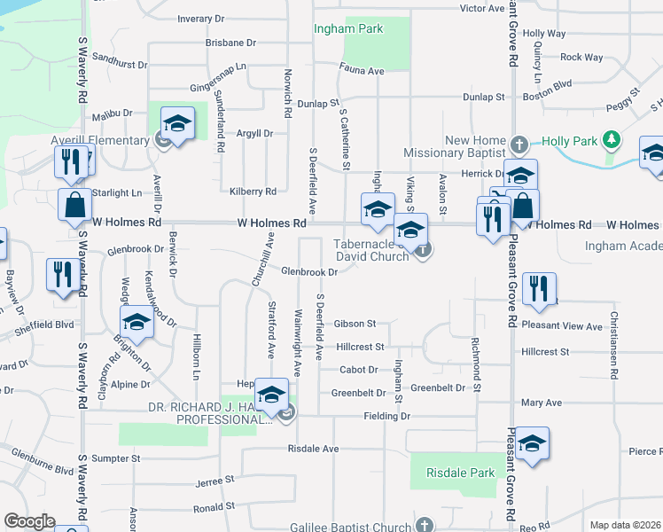 map of restaurants, bars, coffee shops, grocery stores, and more near 3026 Glenbrook Drive in Lansing