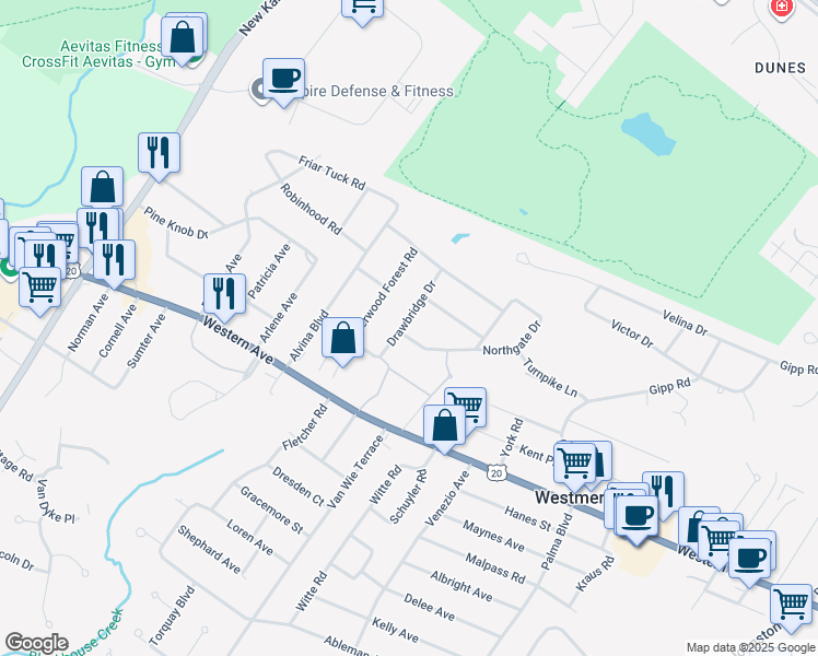 map of restaurants, bars, coffee shops, grocery stores, and more near 7 Drawbridge Drive in Albany