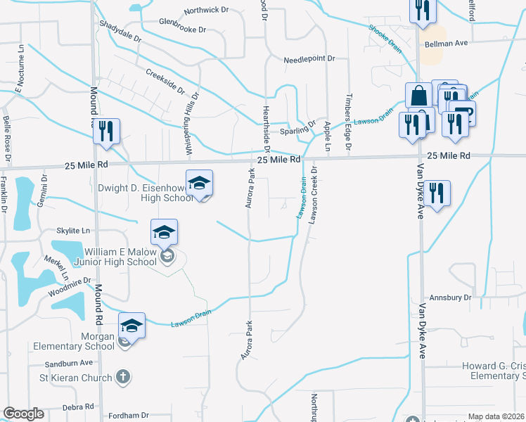 map of restaurants, bars, coffee shops, grocery stores, and more near 54677 Morningside Drive in Macomb County