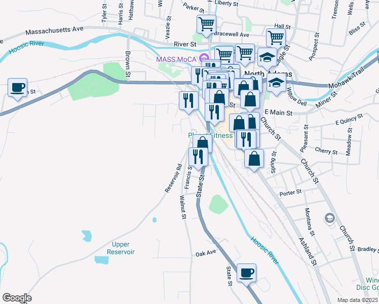 map of restaurants, bars, coffee shops, grocery stores, and more near 134 Furnace Street in North Adams
