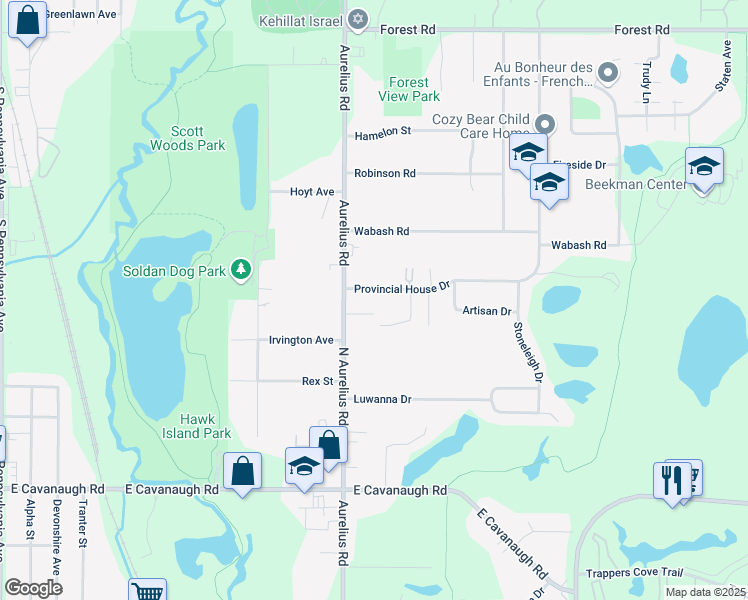 map of restaurants, bars, coffee shops, grocery stores, and more near 2028 Provincial House Drive in Lansing