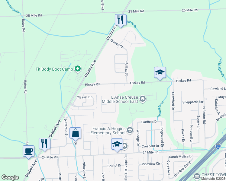 map of restaurants, bars, coffee shops, grocery stores, and more near 53966 Connor Drive in New Baltimore