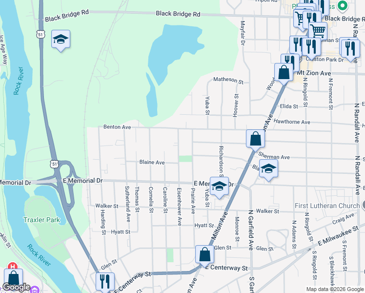 map of restaurants, bars, coffee shops, grocery stores, and more near 931 Eisenhower Avenue in Janesville
