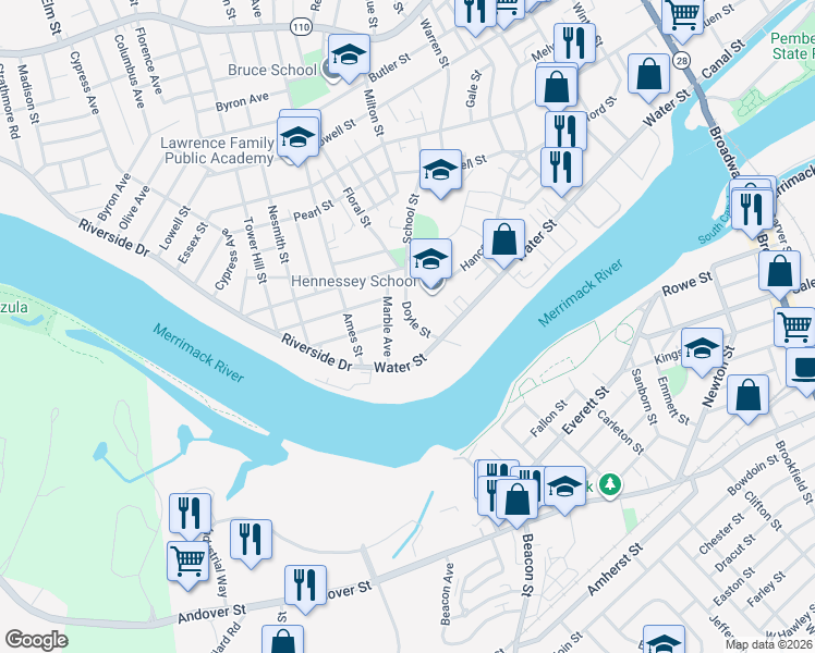 map of restaurants, bars, coffee shops, grocery stores, and more near 24b Doyle Street in Lawrence