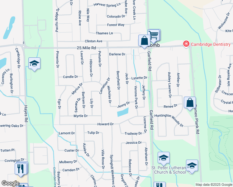 map of restaurants, bars, coffee shops, grocery stores, and more near 54363 Berryfield Drive in Macomb