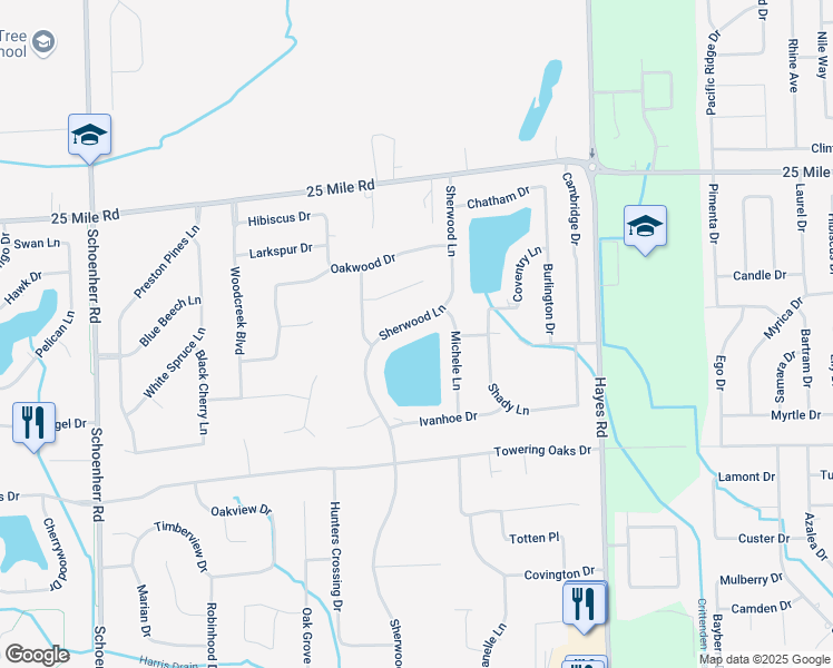 map of restaurants, bars, coffee shops, grocery stores, and more near 54386 Sherwood Lane in Macomb County