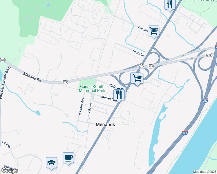 map of restaurants, bars, coffee shops, grocery stores, and more near 21 Clifford Road in Menands