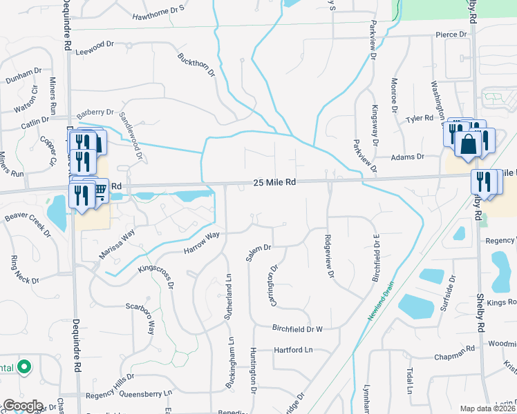 map of restaurants, bars, coffee shops, grocery stores, and more near 3085 Harrow Way in Macomb County