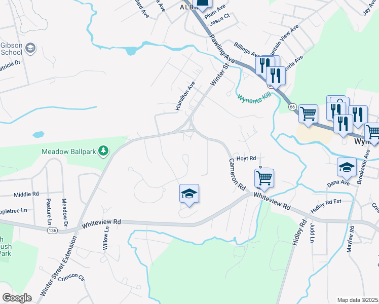 map of restaurants, bars, coffee shops, grocery stores, and more near 14 Kimberly Circle in Troy