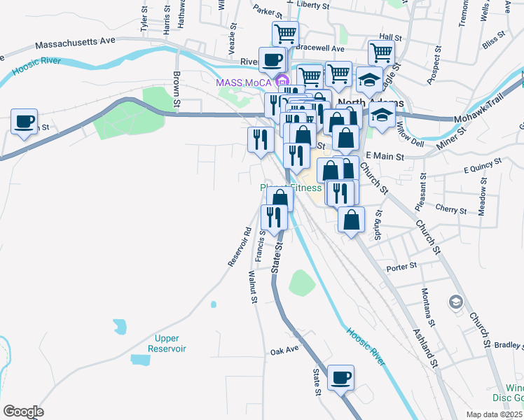 map of restaurants, bars, coffee shops, grocery stores, and more near 134 Furnace Street in North Adams