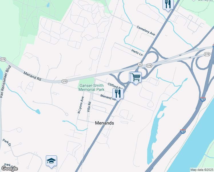 map of restaurants, bars, coffee shops, grocery stores, and more near 21 Clifford Road in Menands