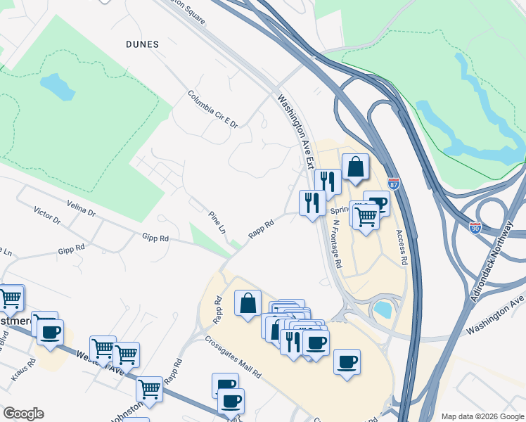 map of restaurants, bars, coffee shops, grocery stores, and more near 45 Rapp Road in Albany