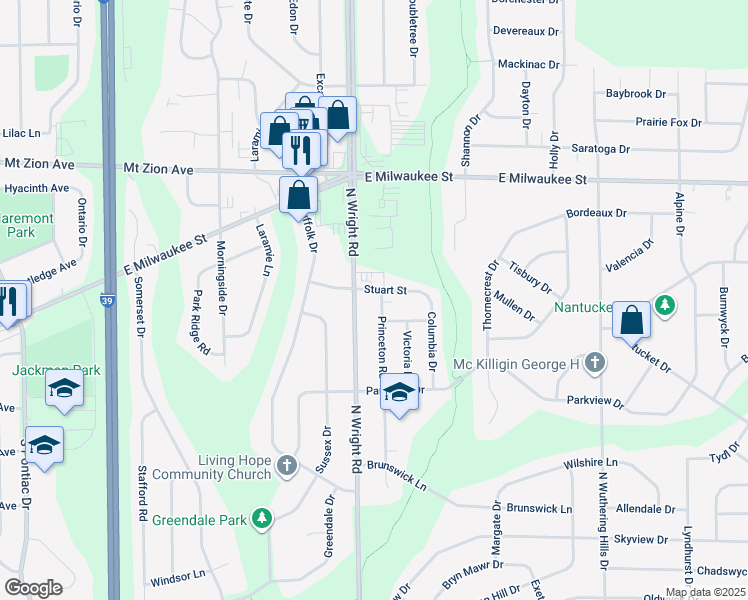 map of restaurants, bars, coffee shops, grocery stores, and more near 933 Princeton Road in Janesville
