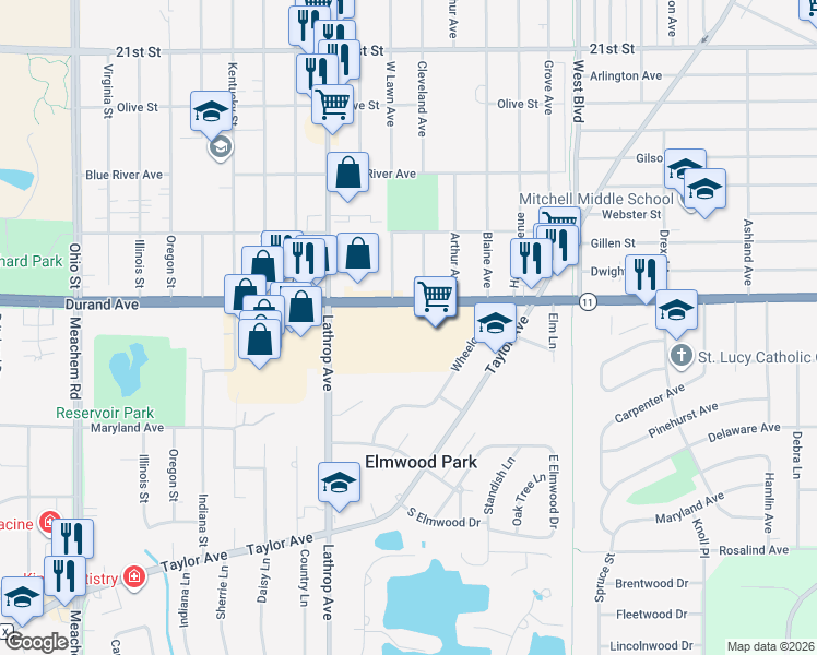 map of restaurants, bars, coffee shops, grocery stores, and more near 3701 Durand Avenue in Racine
