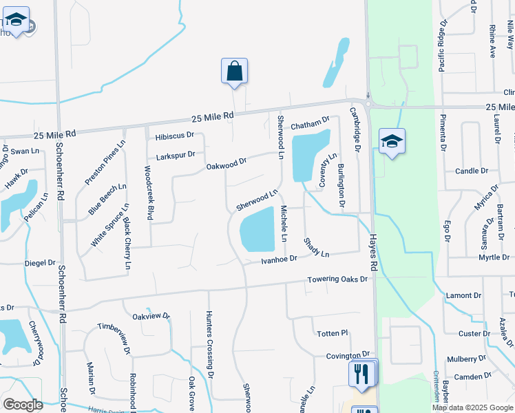 map of restaurants, bars, coffee shops, grocery stores, and more near 54386 Sherwood Lane in Macomb County