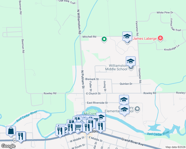 map of restaurants, bars, coffee shops, grocery stores, and more near 711 Orchard Dr in Williamston