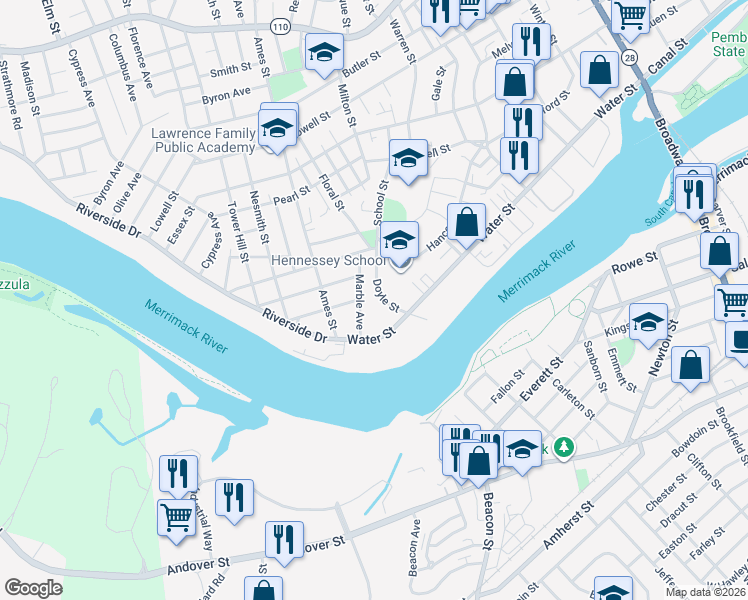 map of restaurants, bars, coffee shops, grocery stores, and more near 24b Doyle Street in Lawrence