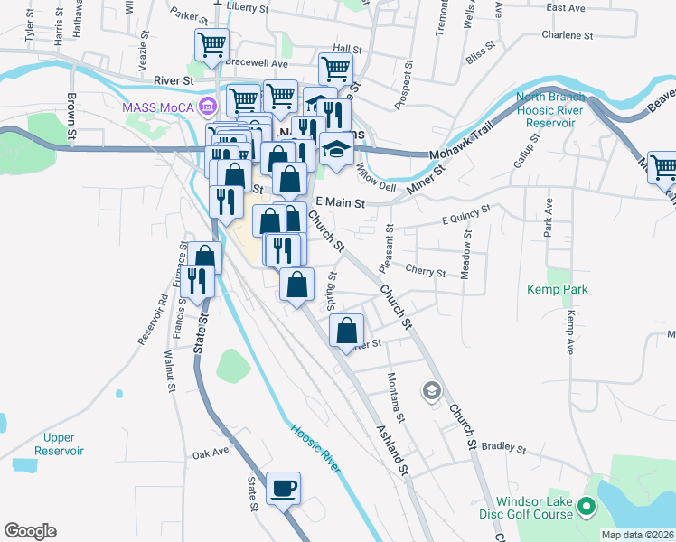 map of restaurants, bars, coffee shops, grocery stores, and more near 74 Chestnut Street in North Adams