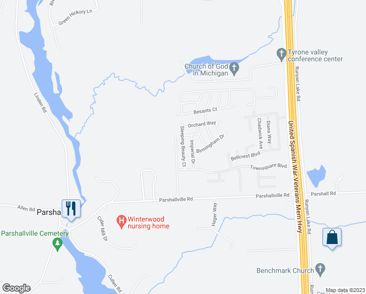 map of restaurants, bars, coffee shops, grocery stores, and more near Sleeping Beauty Court in Livingston County