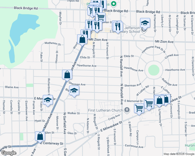map of restaurants, bars, coffee shops, grocery stores, and more near 1310 Bennett Street in Janesville