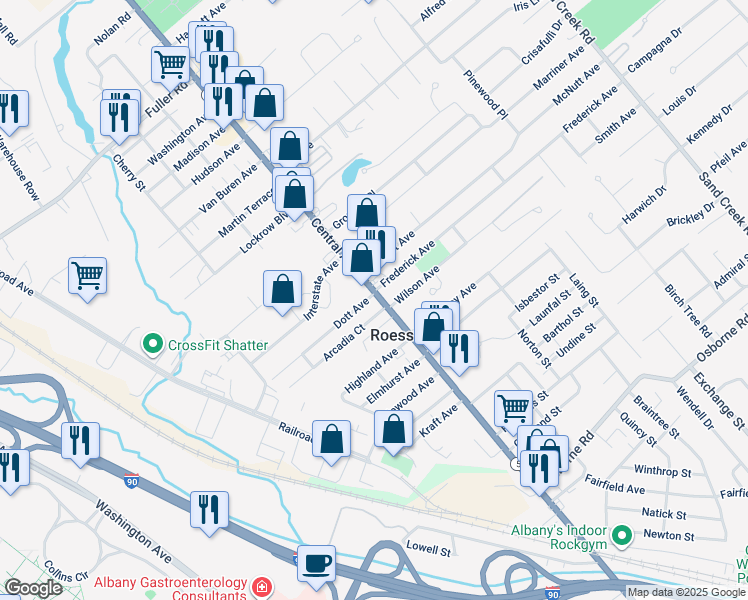 map of restaurants, bars, coffee shops, grocery stores, and more near 1230 Central Avenue in Albany