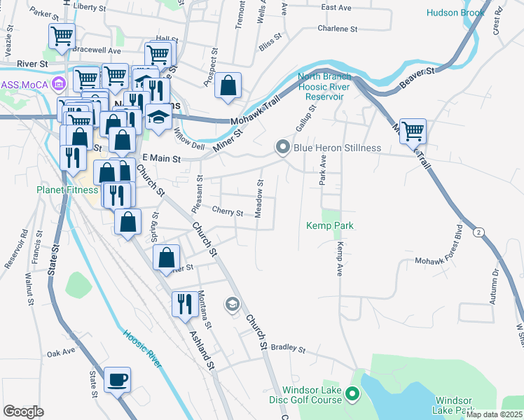 map of restaurants, bars, coffee shops, grocery stores, and more near 77 Yale Street in North Adams