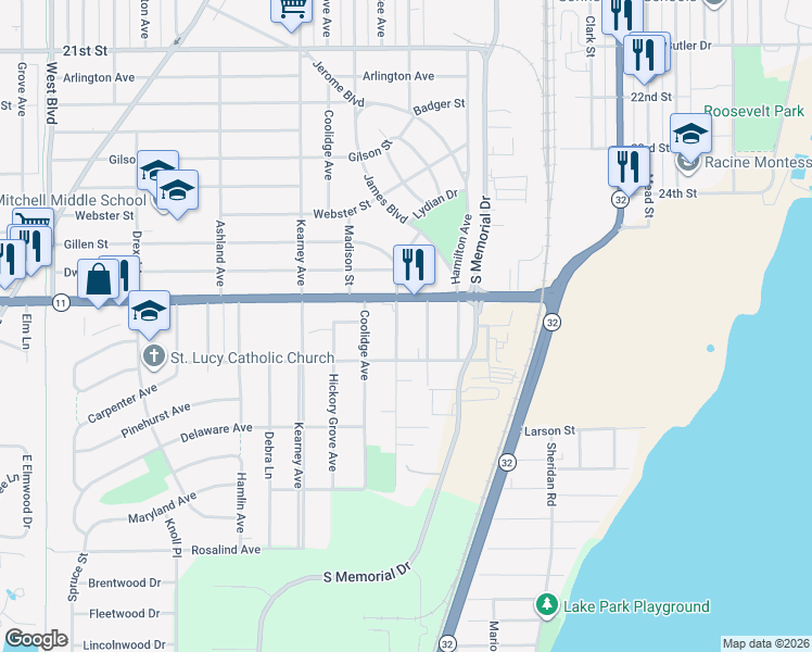 map of restaurants, bars, coffee shops, grocery stores, and more near 3034 Phillips Avenue in Mount Pleasant