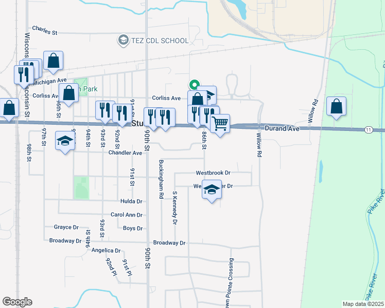map of restaurants, bars, coffee shops, grocery stores, and more near 8616 Buckingham Road in Sturtevant