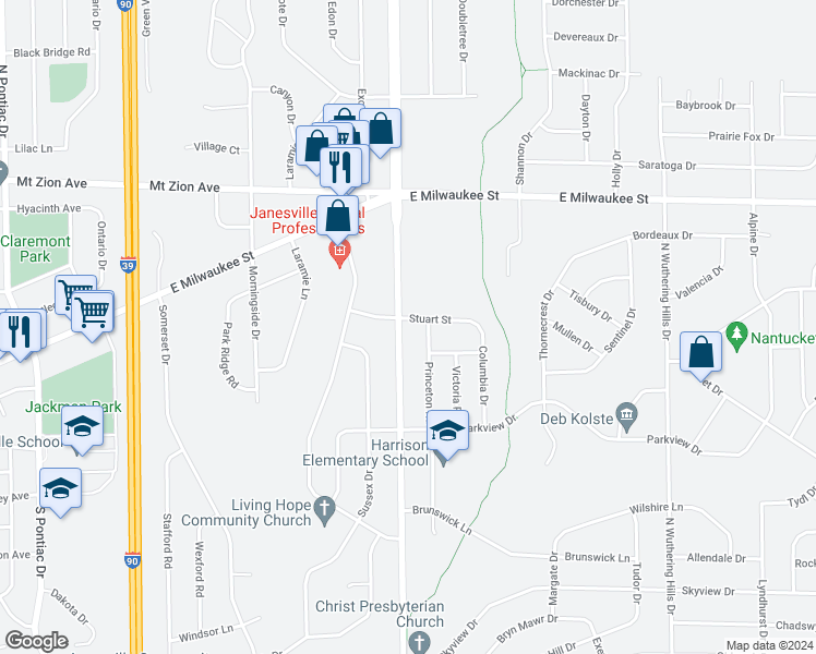 map of restaurants, bars, coffee shops, grocery stores, and more near 933 Princeton Road in Janesville