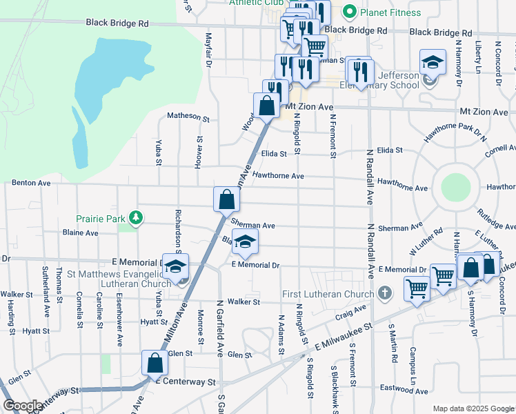 map of restaurants, bars, coffee shops, grocery stores, and more near 1108 Bennett Street in Janesville