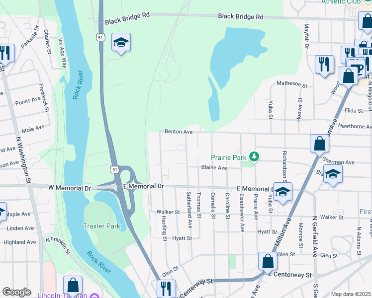 map of restaurants, bars, coffee shops, grocery stores, and more near 1005 Sutherland Avenue in Janesville