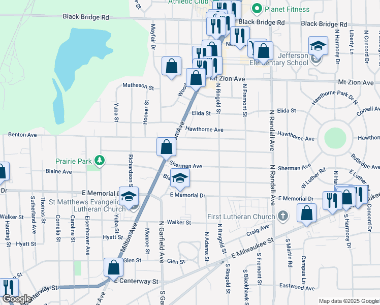 map of restaurants, bars, coffee shops, grocery stores, and more near 1108 Bennett Street in Janesville