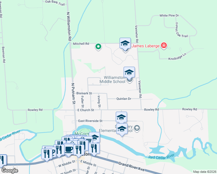 map of restaurants, bars, coffee shops, grocery stores, and more near 417 Bismark Street in Williamston