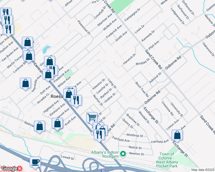 map of restaurants, bars, coffee shops, grocery stores, and more near 21 Launfal Street in Albany