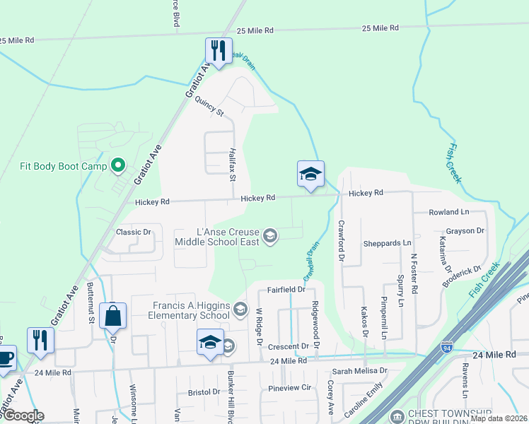 map of restaurants, bars, coffee shops, grocery stores, and more near 30180 Hickey Road in New Baltimore