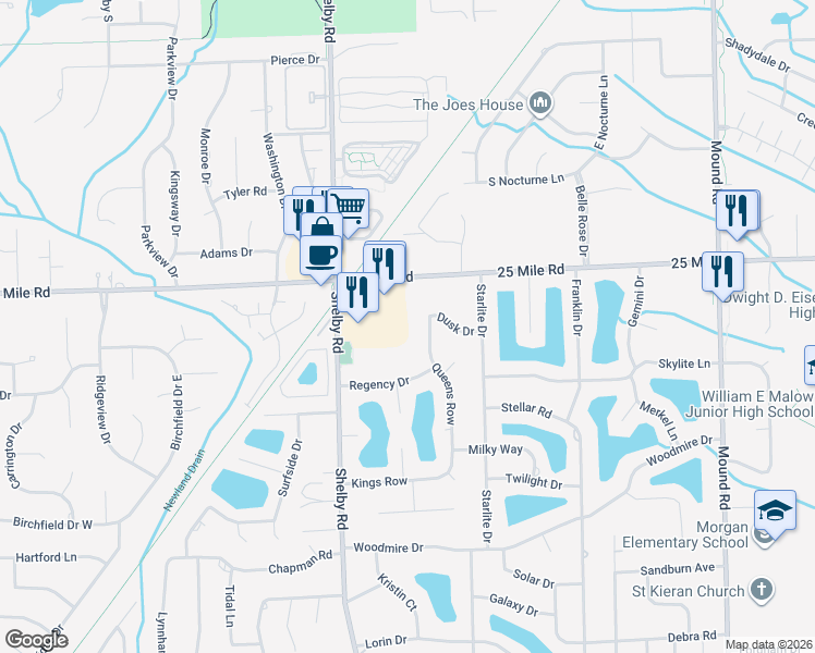 map of restaurants, bars, coffee shops, grocery stores, and more near 4912 Royal Cove Drive in Macomb County