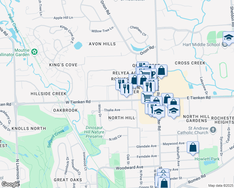 map of restaurants, bars, coffee shops, grocery stores, and more near 310 West Tienken Road in Rochester Hills