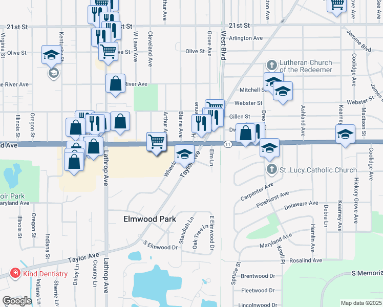map of restaurants, bars, coffee shops, grocery stores, and more near 3100 Taylor Avenue in Racine